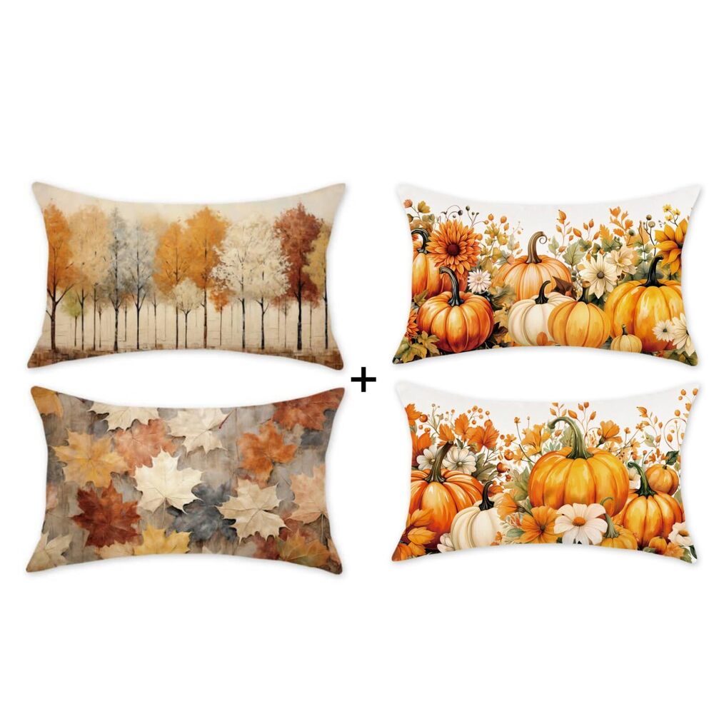 9474 Fall Pillow Covers 12x20 Set of 4 Autumn Leaves and Pumkins